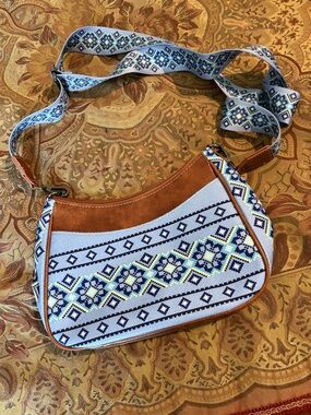 Embroidered Crossbody Bag in Light Blue and Brown